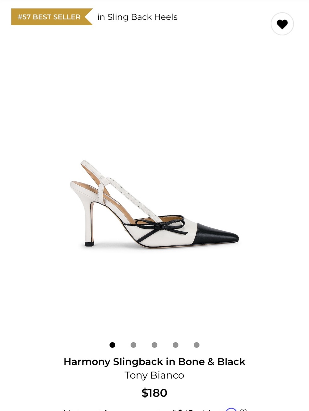 NWOT Tony Bianco Two-Tone Pointed Slingback in Bone and Black